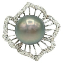 Black Tahitian Pearl and White Diamond Floral Ring in 18K White Gold