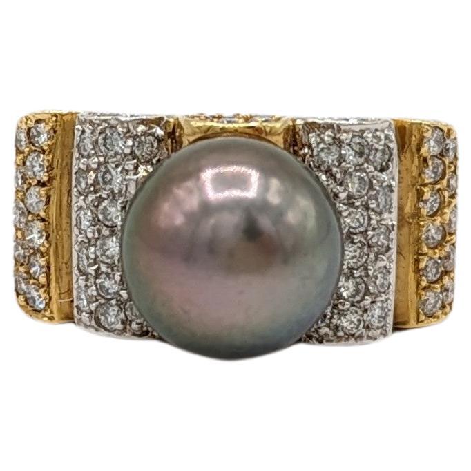 Black Tahitian Pearl and White Diamond Pave Ring in 18K 2 Tone Gold For Sale