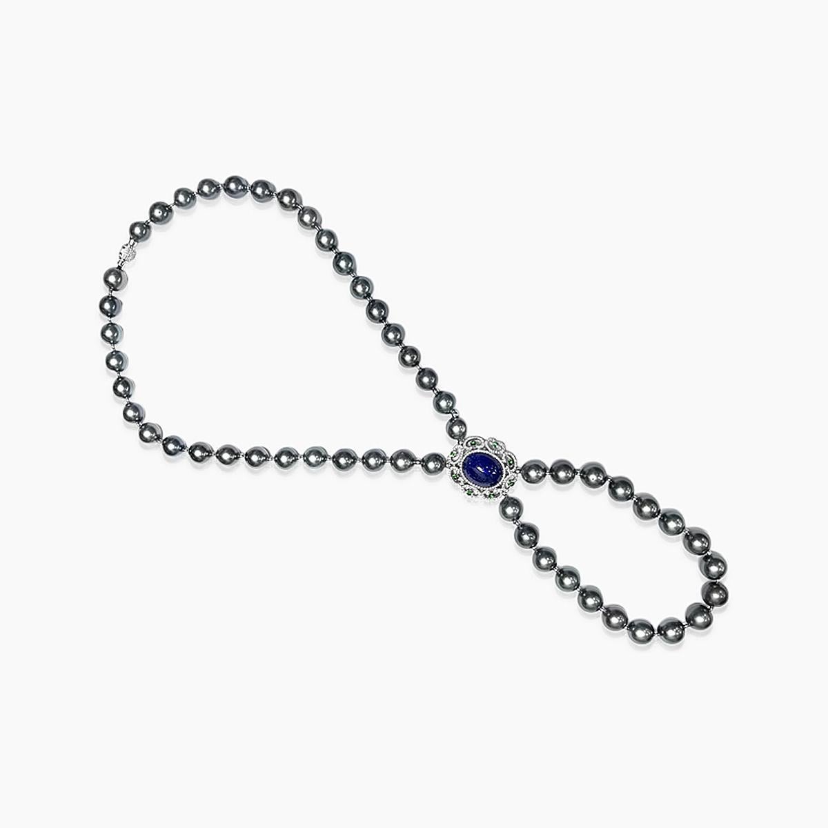 Schwarze Tahiti-Perle Blauer Tansanit Diamant & Granat 18K Weißgold Halskette (Gemischter Schliff) im Angebot
