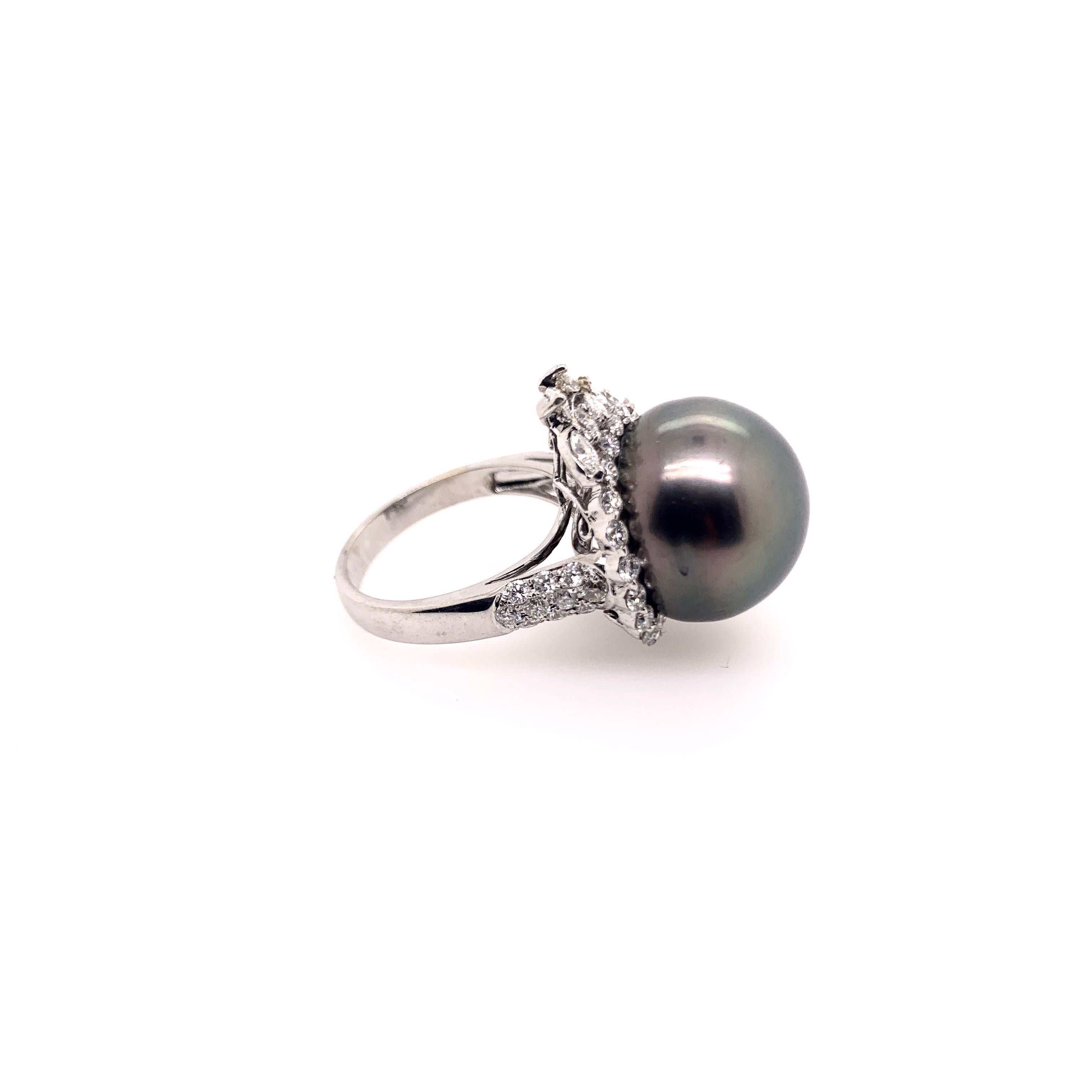 Contemporary Black Tahitian Pearl Diamond Cocktail Ring in 18k White Gold For Sale
