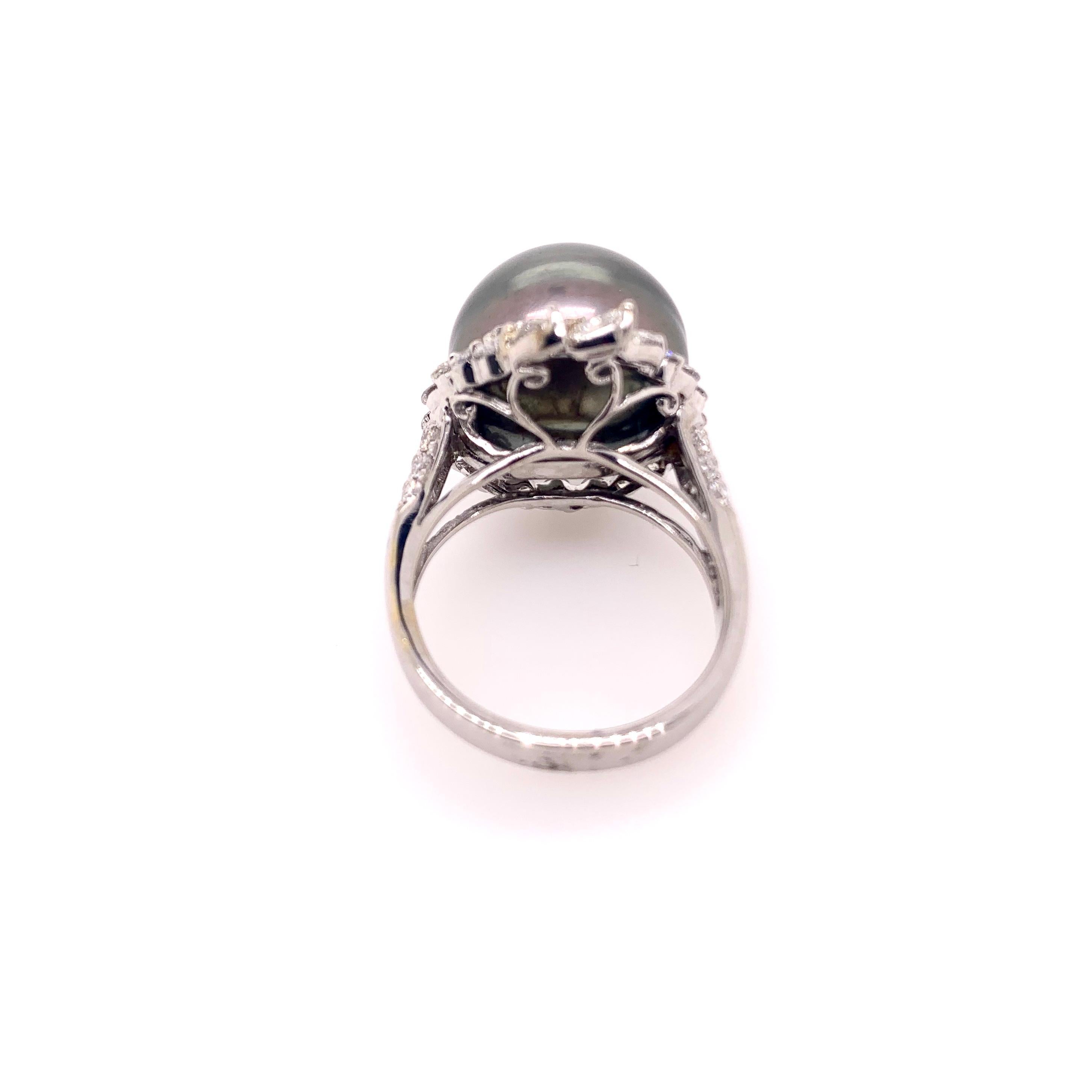 Round Cut Black Tahitian Pearl Diamond Cocktail Ring in 18k White Gold For Sale