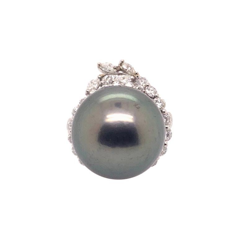 Anillo de Cóctel de Diamantes y Perla Negra de Tahití en Oro Blanco de 18k