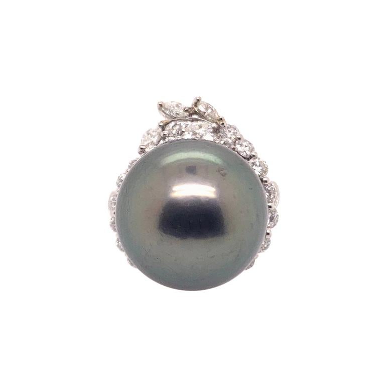 Black Tahitian Pearl Diamond Cocktail Ring in 18k White Gold