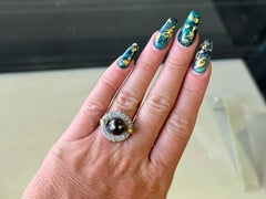 Black Tahitian Pearl Diamond Cushion Halo Ring 18K Yellow Gold and Platinum