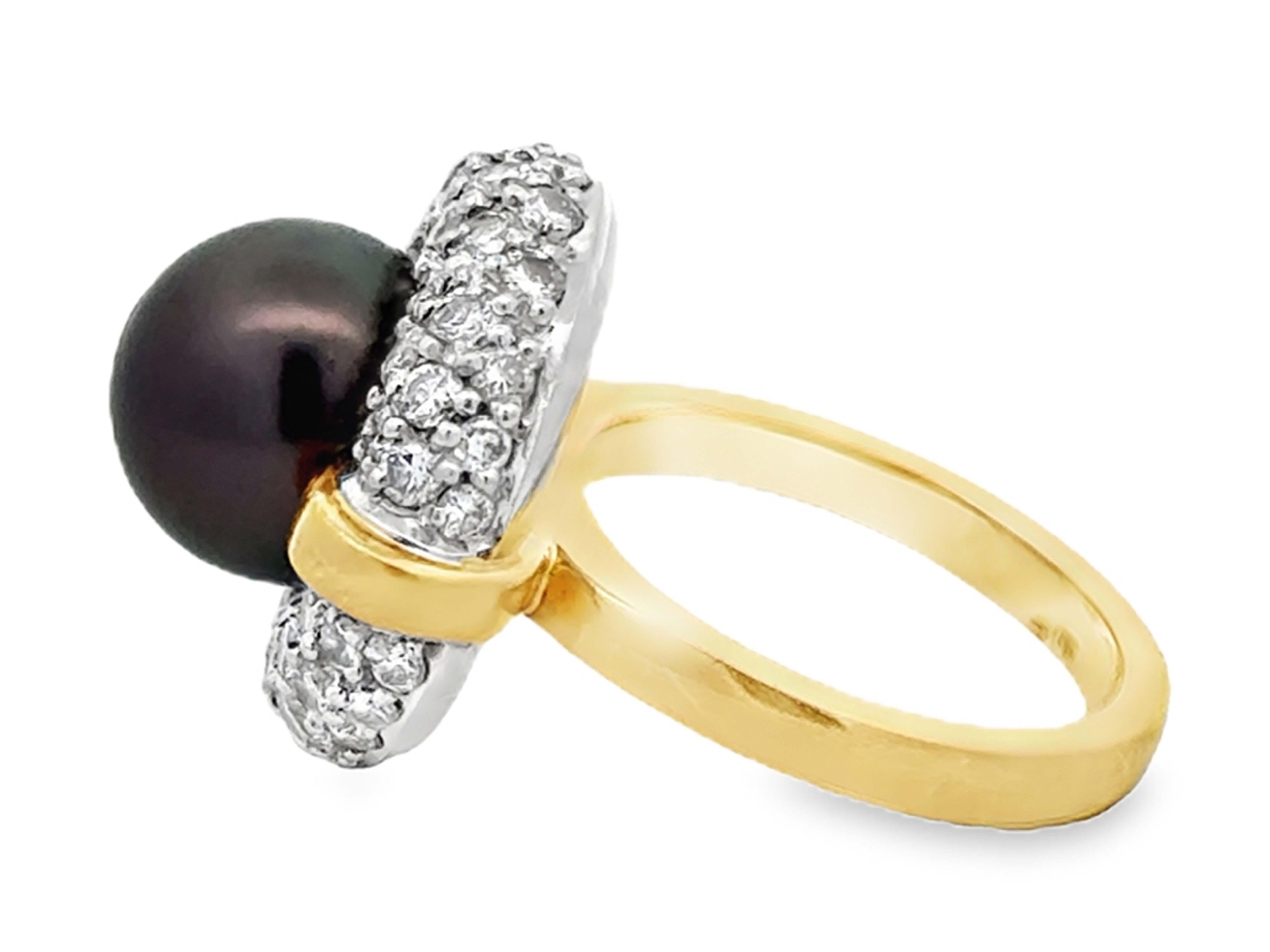 De las mujeres Anillo Halo de Diamantes con Perla Negra de Tahití Oro Amarillo de 18 K y Platino en venta