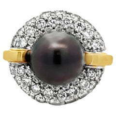 Black Tahitian Pearl Diamond Cushion Halo Ring 18K Yellow Gold and Platinum