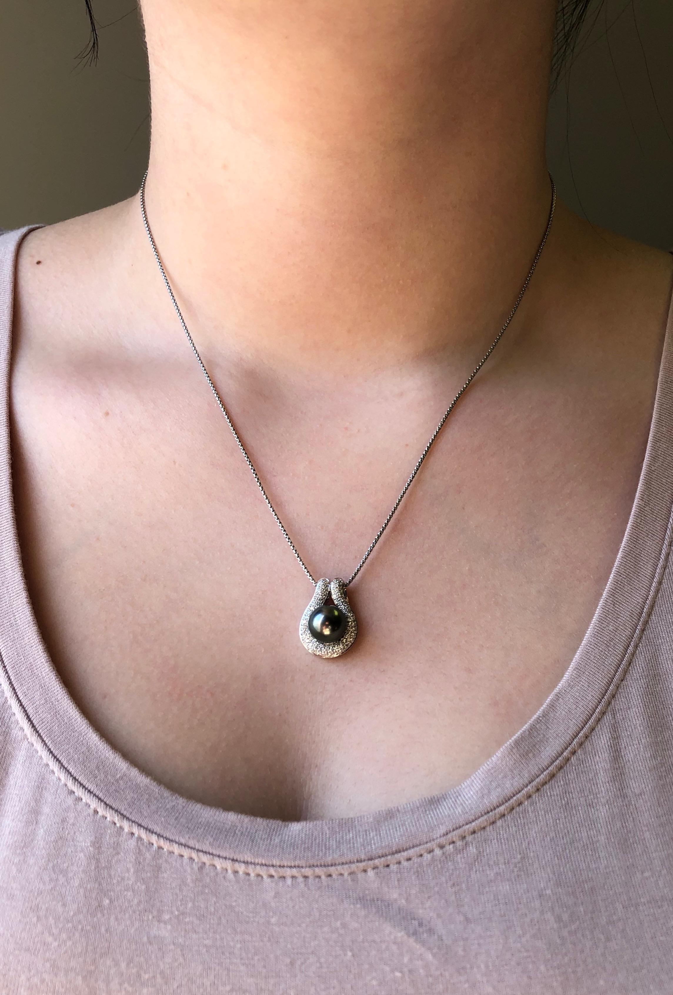 Round Cut Black Tahitian Pearl and Diamond Pendant Necklace