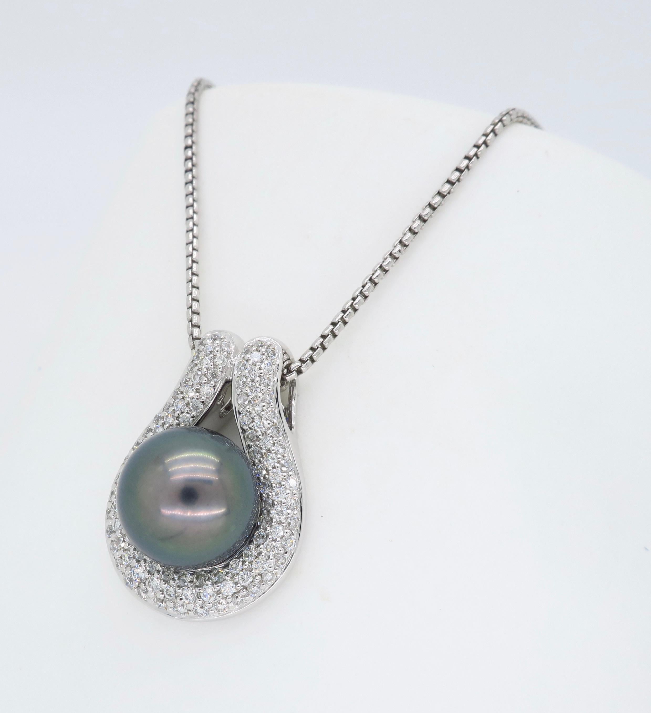 Women's or Men's Black Tahitian Pearl and Diamond Pendant Necklace