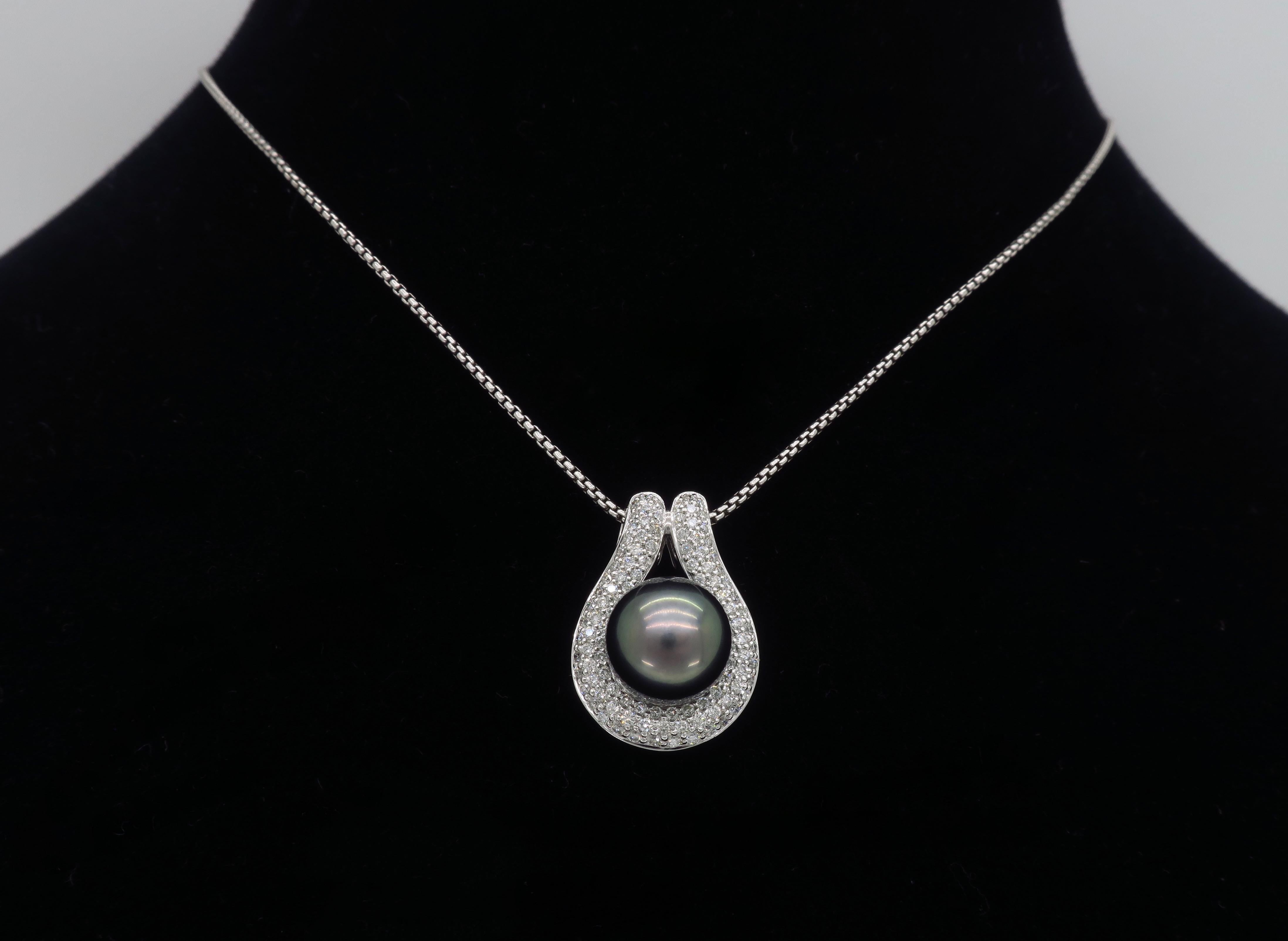 Black Tahitian Pearl and Diamond Pendant Necklace 2