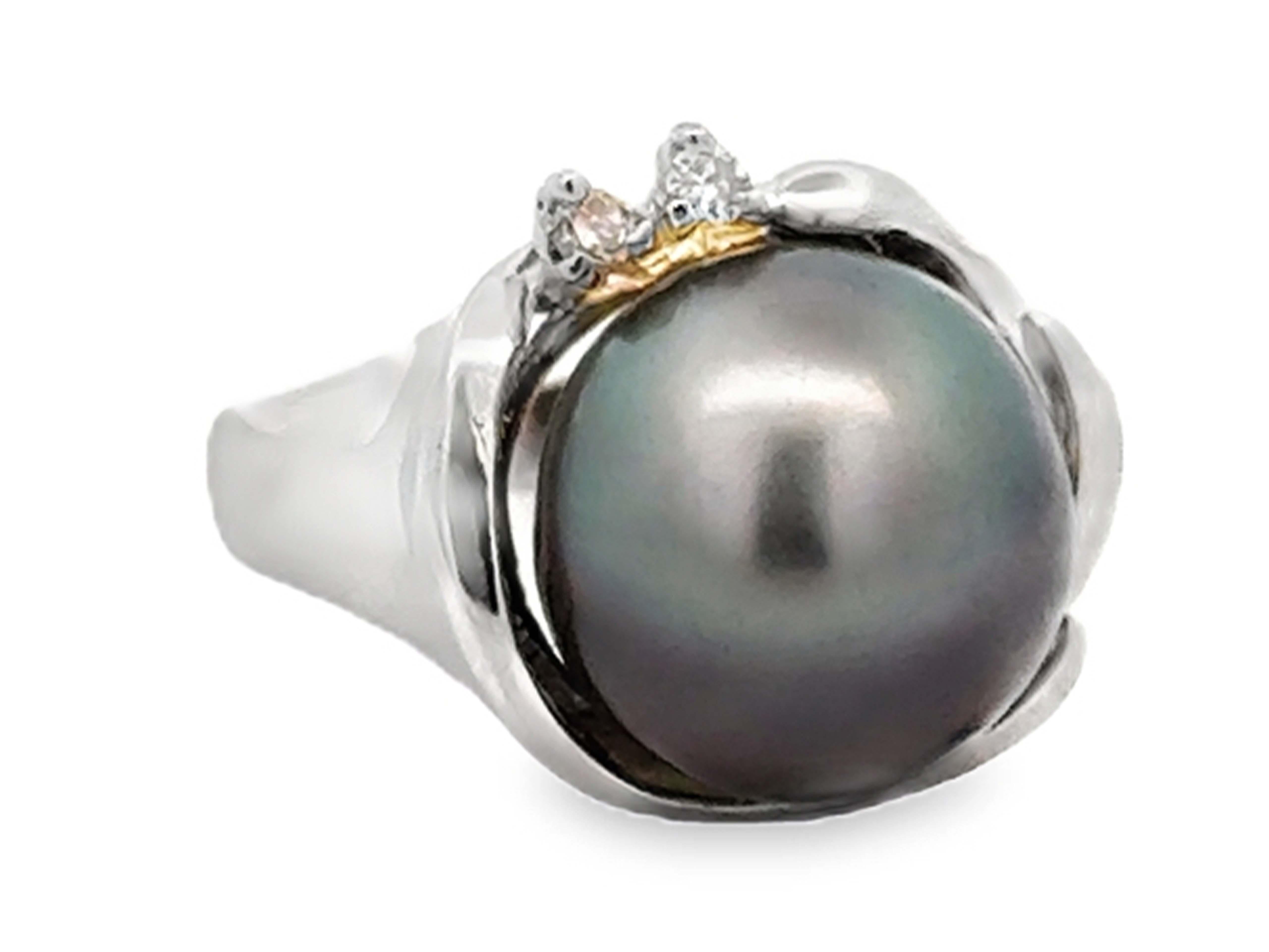 Modern Black Tahitian Pearl Diamond Ring 14K White Gold For Sale