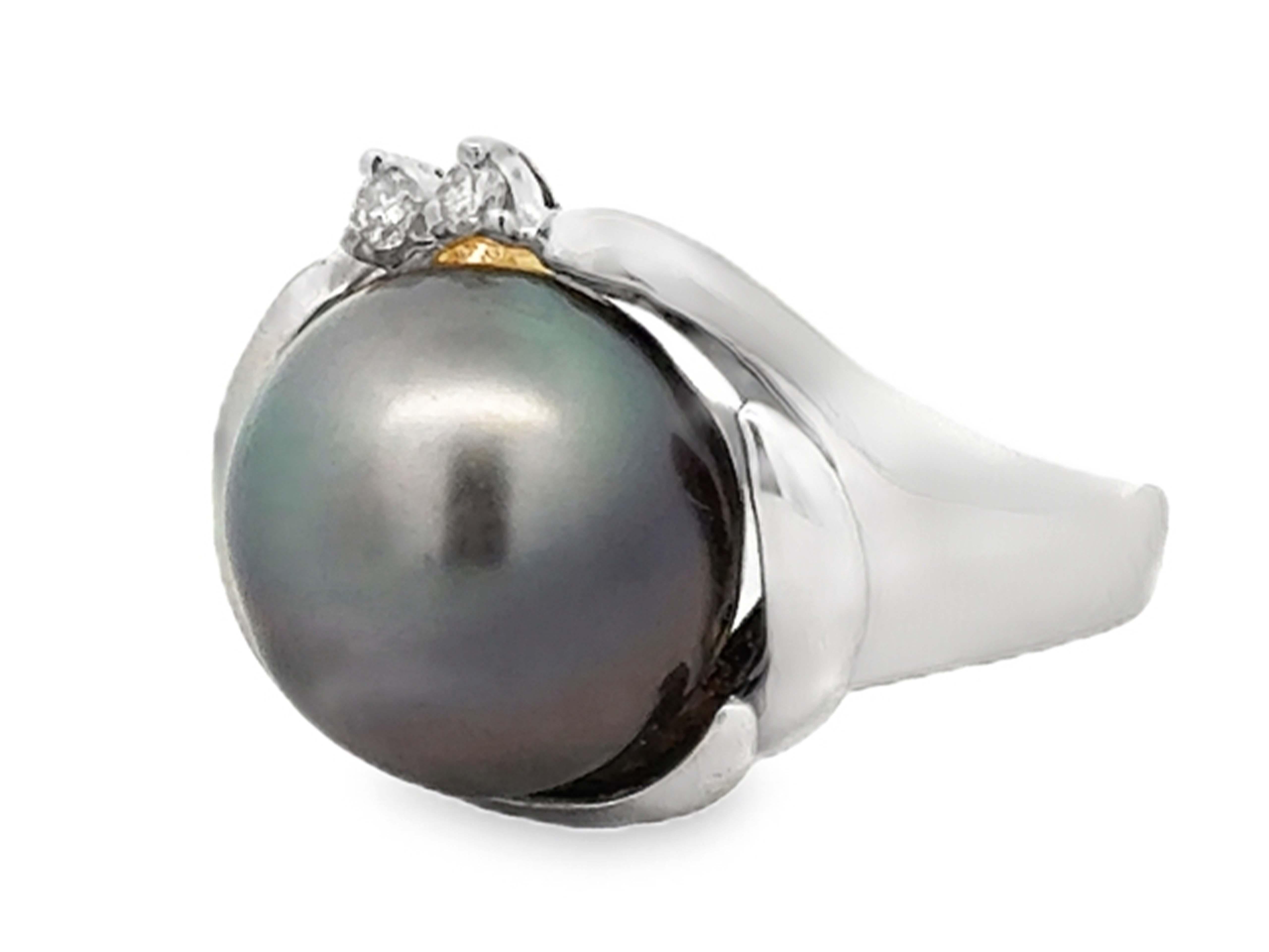 Brilliant Cut Black Tahitian Pearl Diamond Ring 14K White Gold For Sale