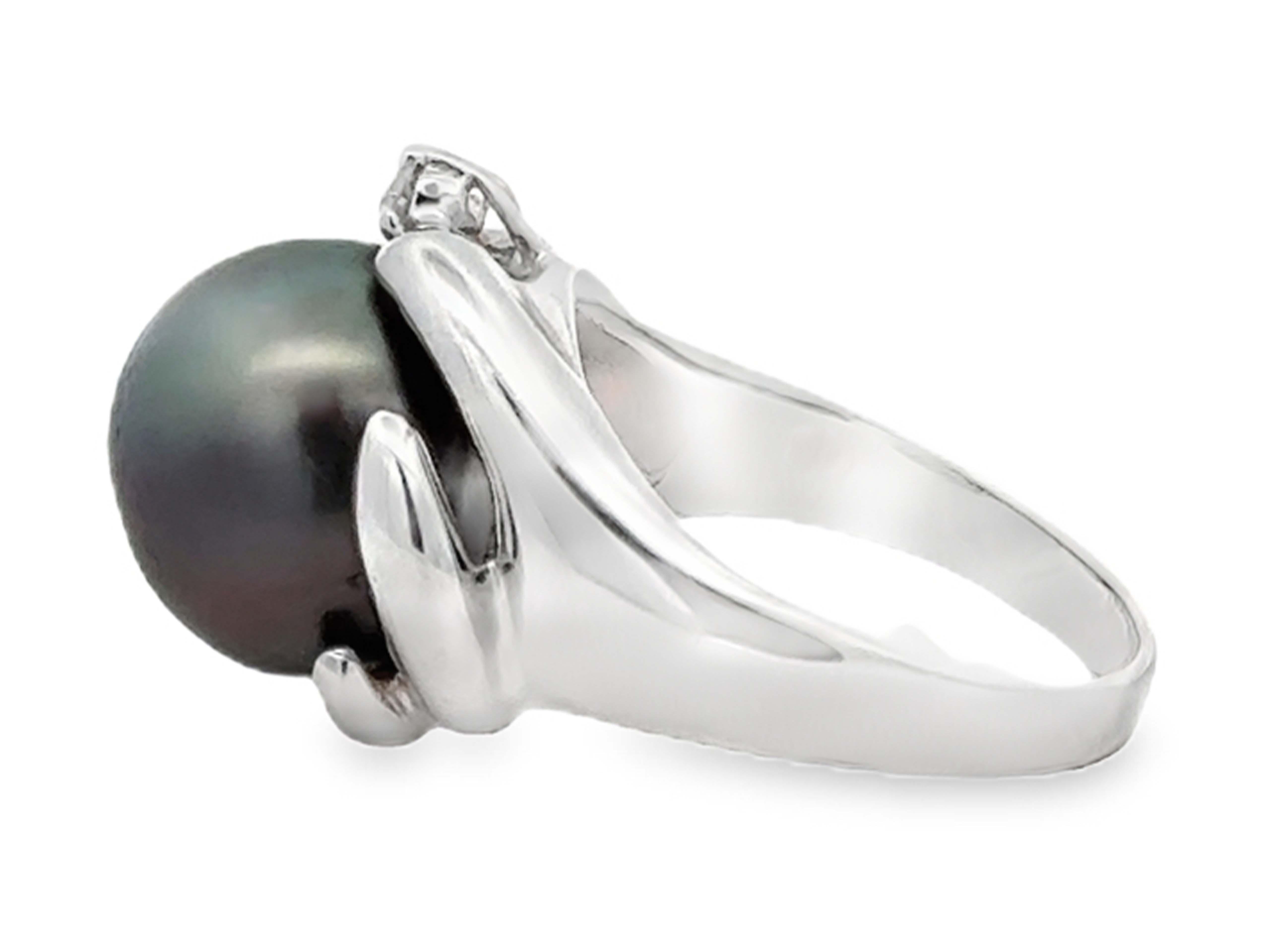 Women's Black Tahitian Pearl Diamond Ring 14K White Gold For Sale