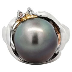 Black Tahitian Pearl Diamond Ring 14K White Gold