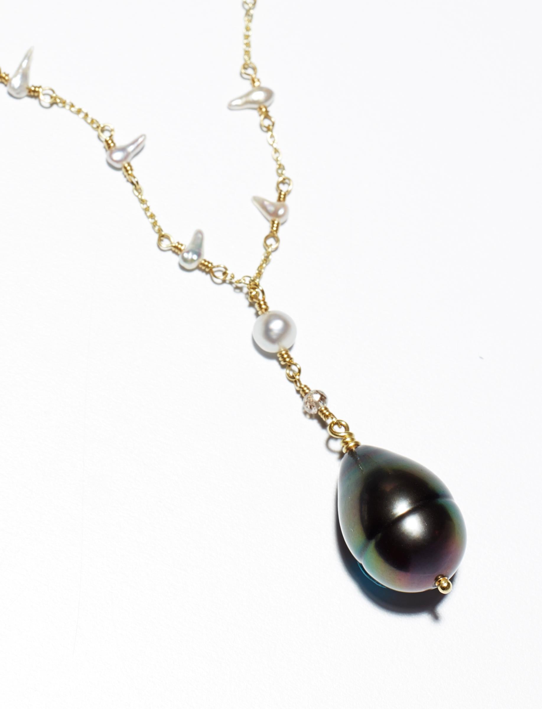Uncut Black Tahitian Pearl Drop 18K Gold Necklace 