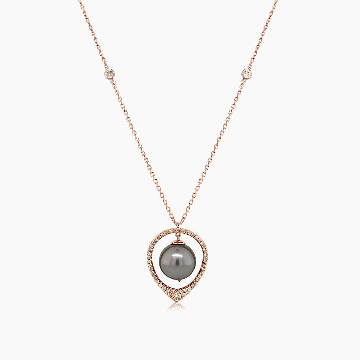 Mixed Cut Black Tahitian Pearl & Fancy Diamonds 18K Rose Gold Pendant Necklace For Sale