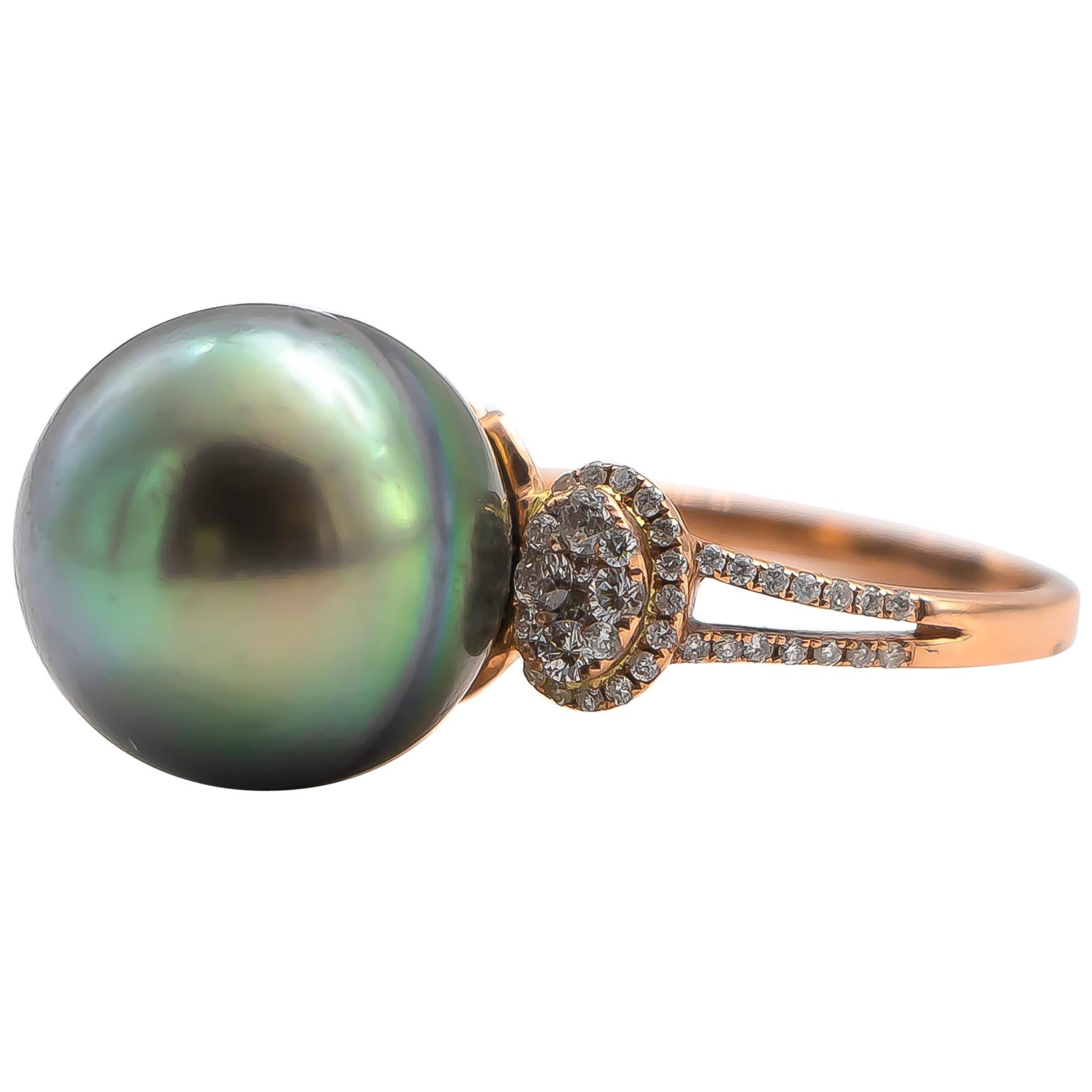Black Tahitian Pearl Ring With .8 Carat of Diamonds 18K Rose Gold