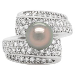 Black Tahitian Pearl Ring with Diamonds 2 Carats Total 14K Gold