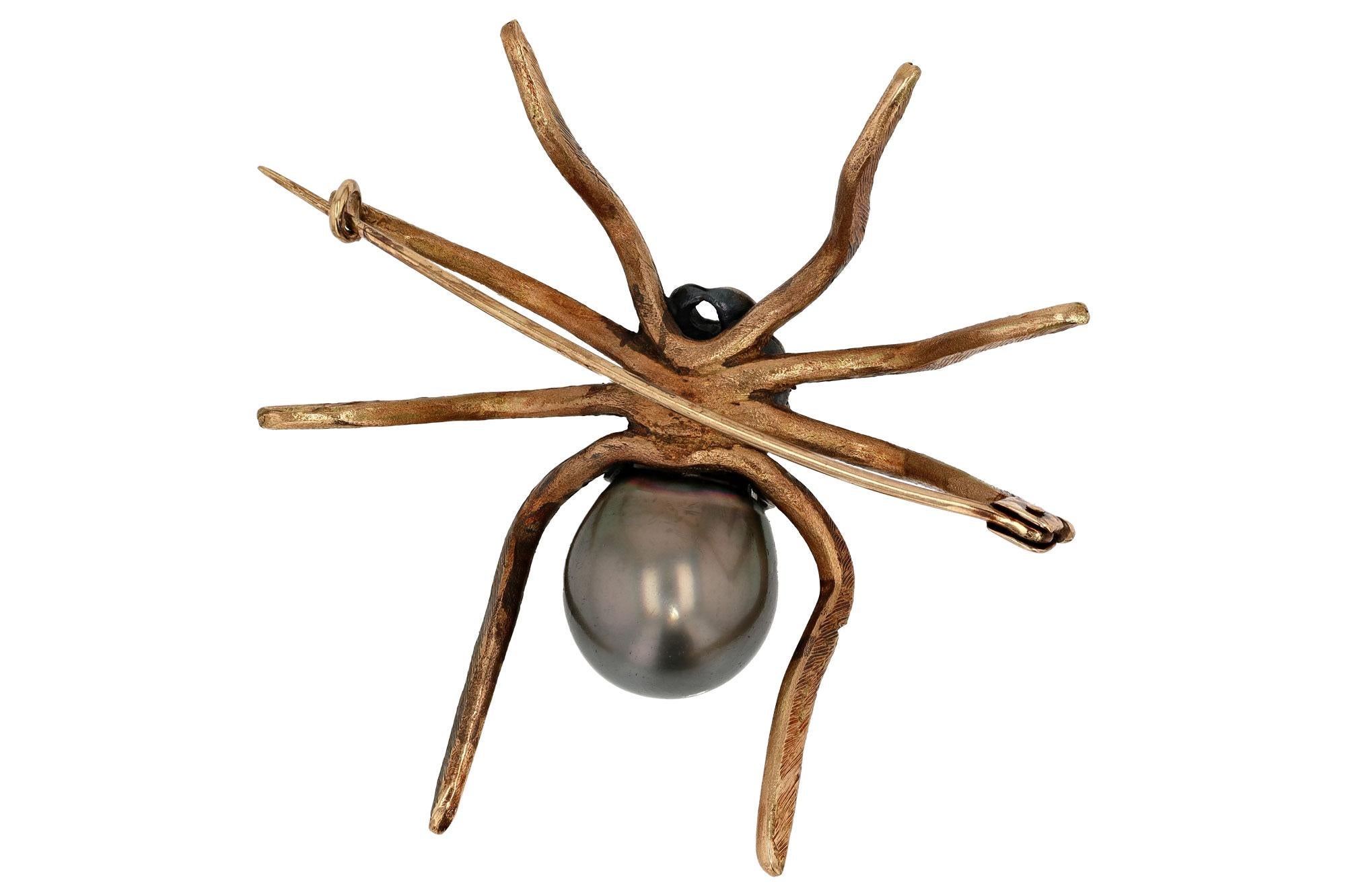 Victorian Black Tahitian Pearl Tarantula Spider Brooch Pin For Sale