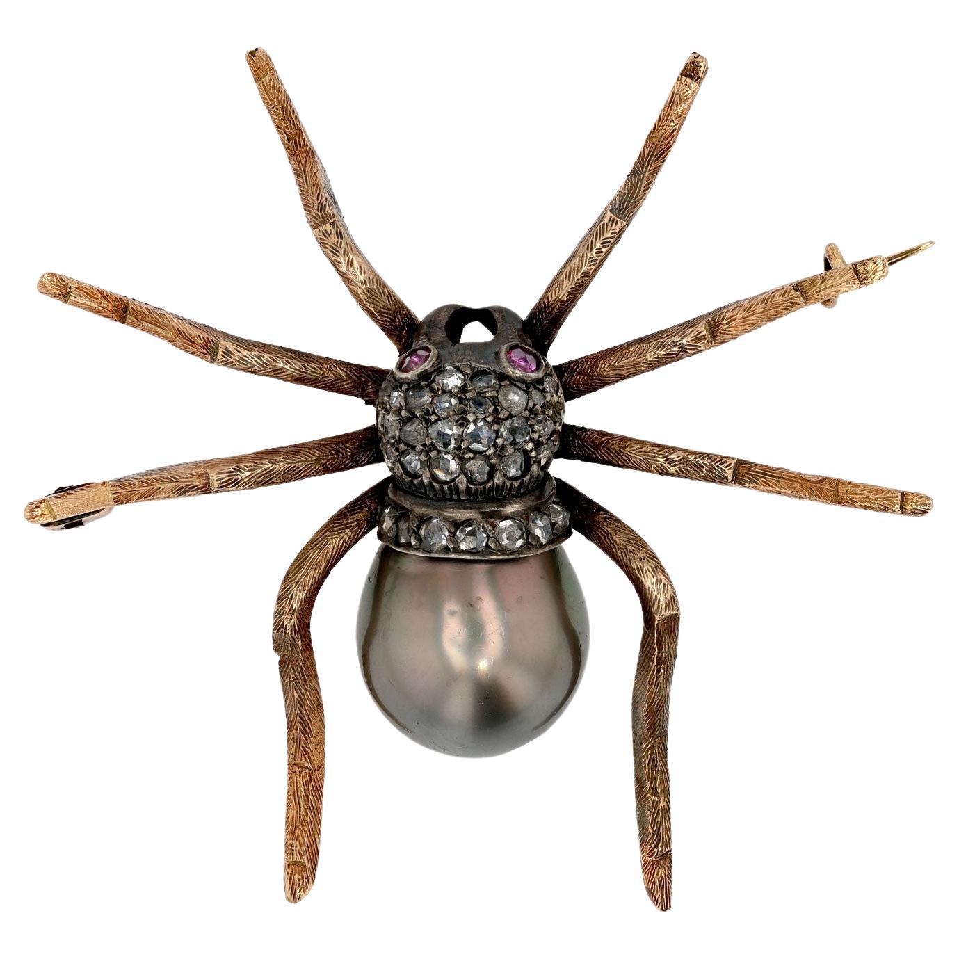 Black Tahitian Pearl Tarantula Spider Brooch Pin For Sale