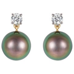 Black Tahitian Pearl, White Diamond Gold Drop Earrings