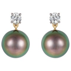 Black Tahitian Pearl, White Diamond Gold Drop Earrings