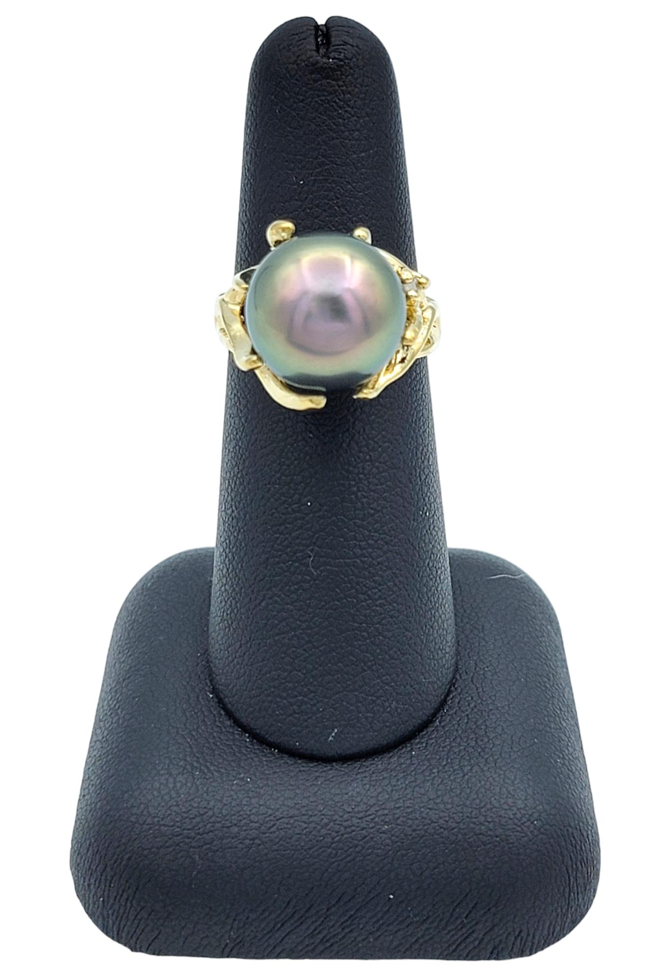 Black Tahitian South Sea Pearl High Profile 14 Karat Yellow Gold Cocktail Ring For Sale 4