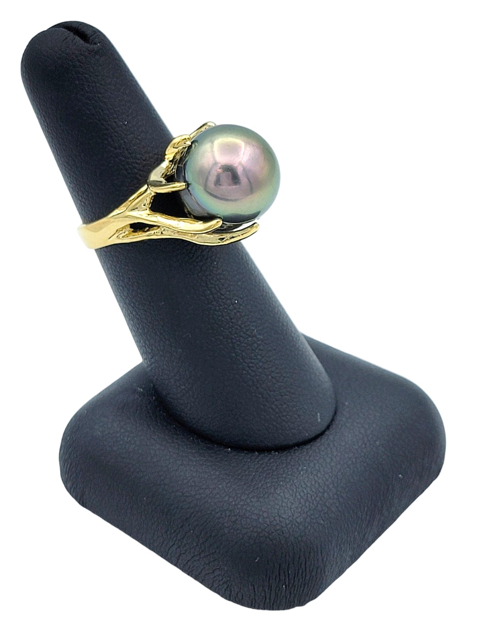 Black Tahitian South Sea Pearl High Profile 14 Karat Yellow Gold Cocktail Ring For Sale 5