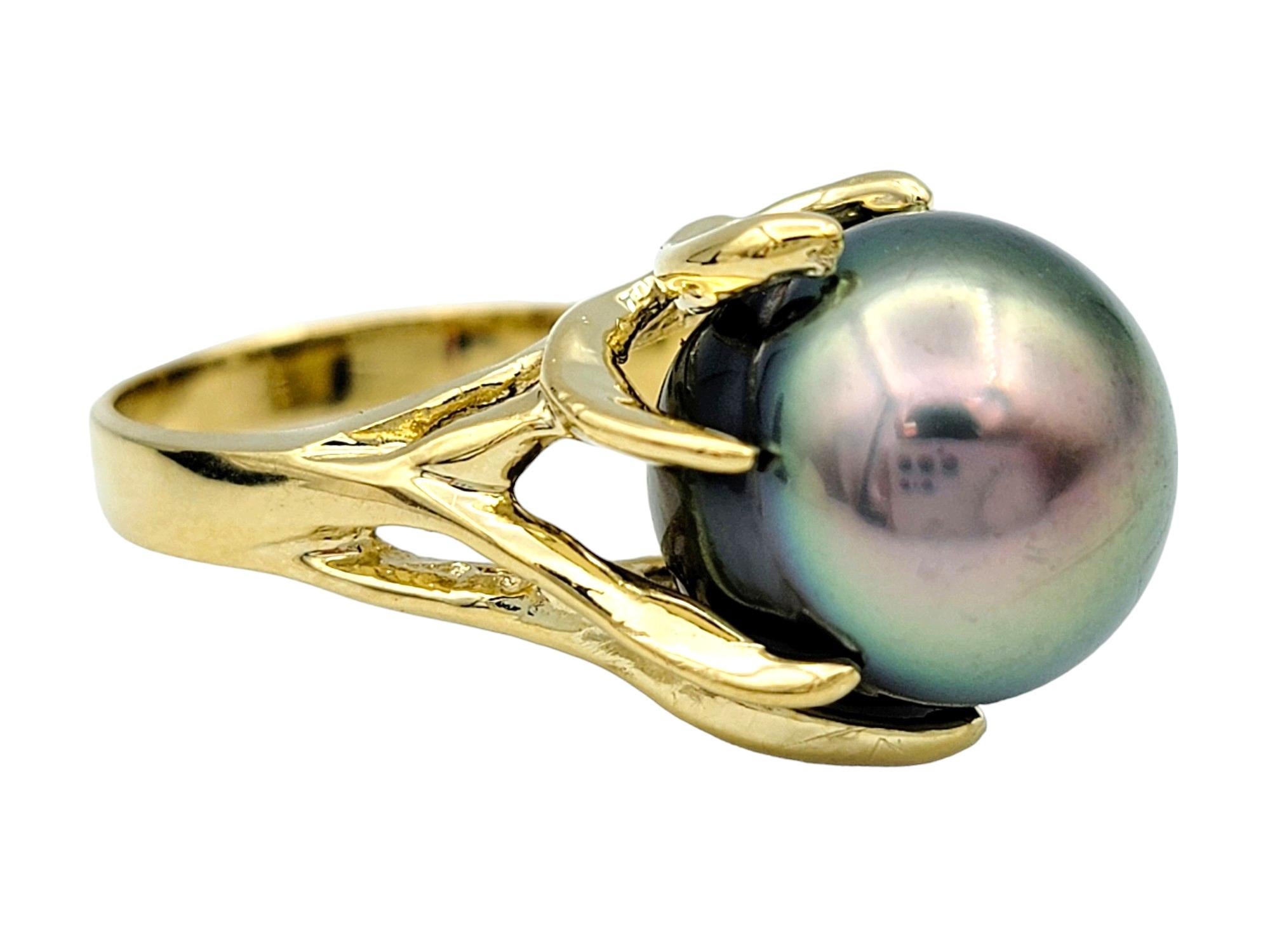 Contemporary Black Tahitian South Sea Pearl High Profile 14 Karat Yellow Gold Cocktail Ring For Sale