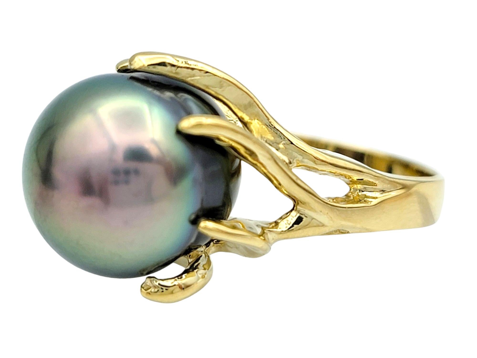 Cabochon Black Tahitian South Sea Pearl High Profile 14 Karat Yellow Gold Cocktail Ring For Sale
