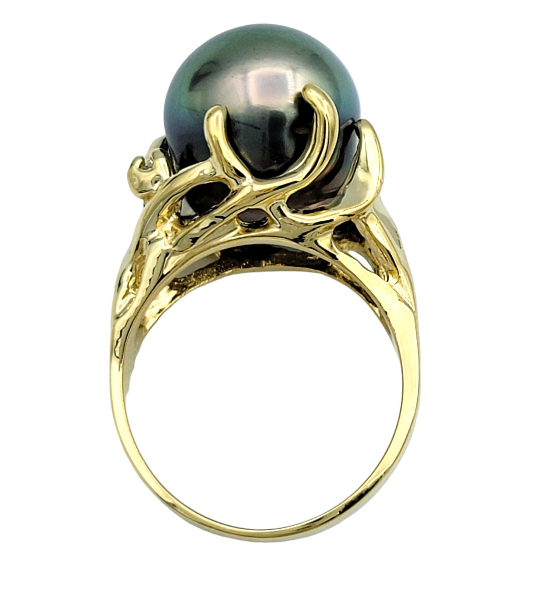 Black Tahitian South Sea Pearl High Profile 14 Karat Yellow Gold Cocktail Ring In Good Condition For Sale In Scottsdale, AZ
