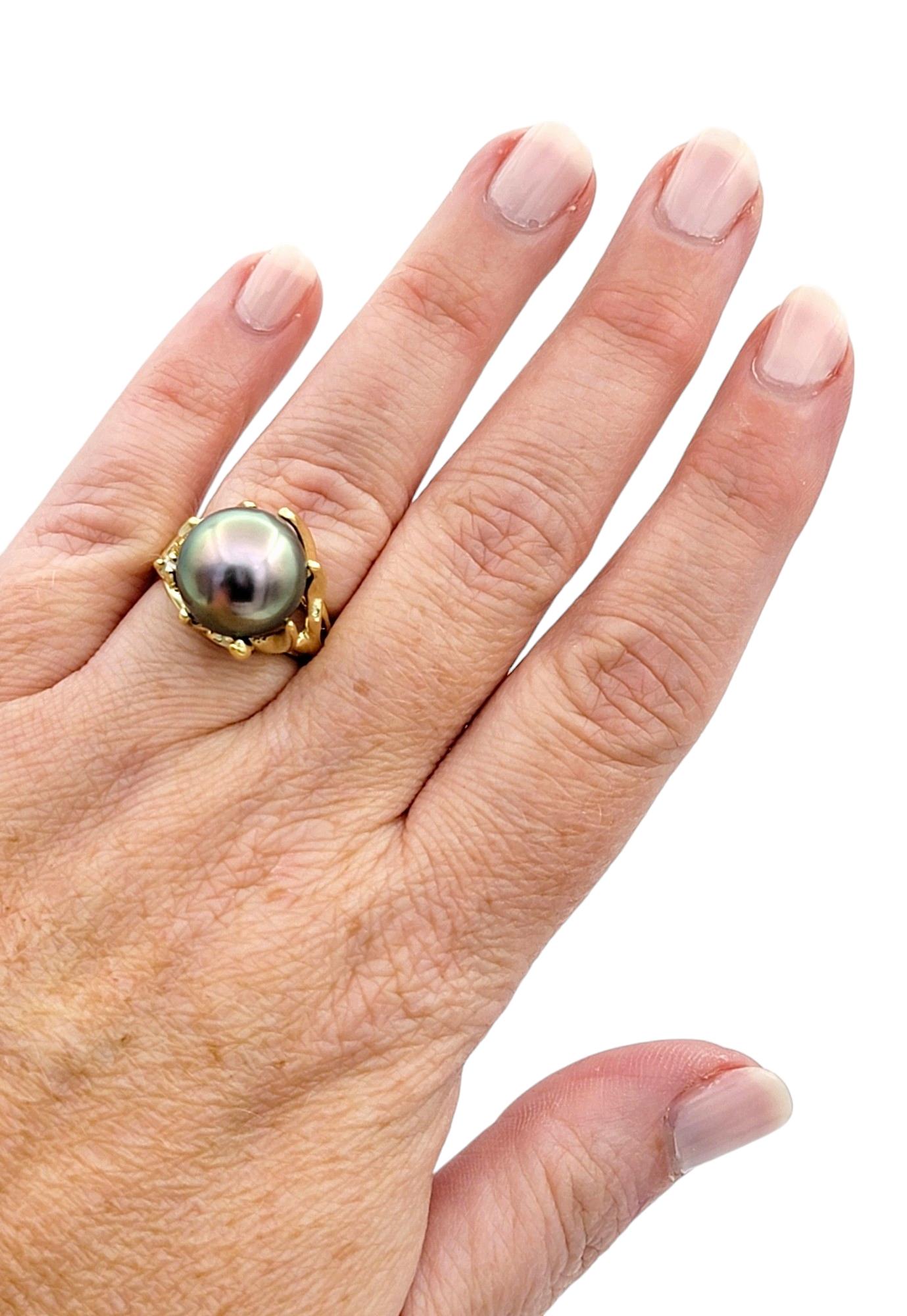 Black Tahitian South Sea Pearl High Profile 14 Karat Yellow Gold Cocktail Ring For Sale 1