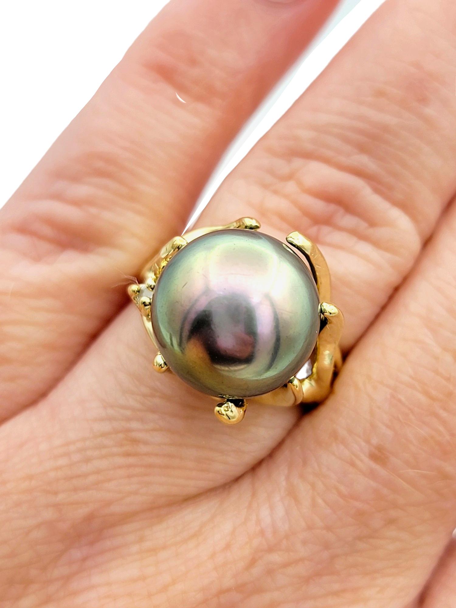 Black Tahitian South Sea Pearl High Profile 14 Karat Yellow Gold Cocktail Ring For Sale 2
