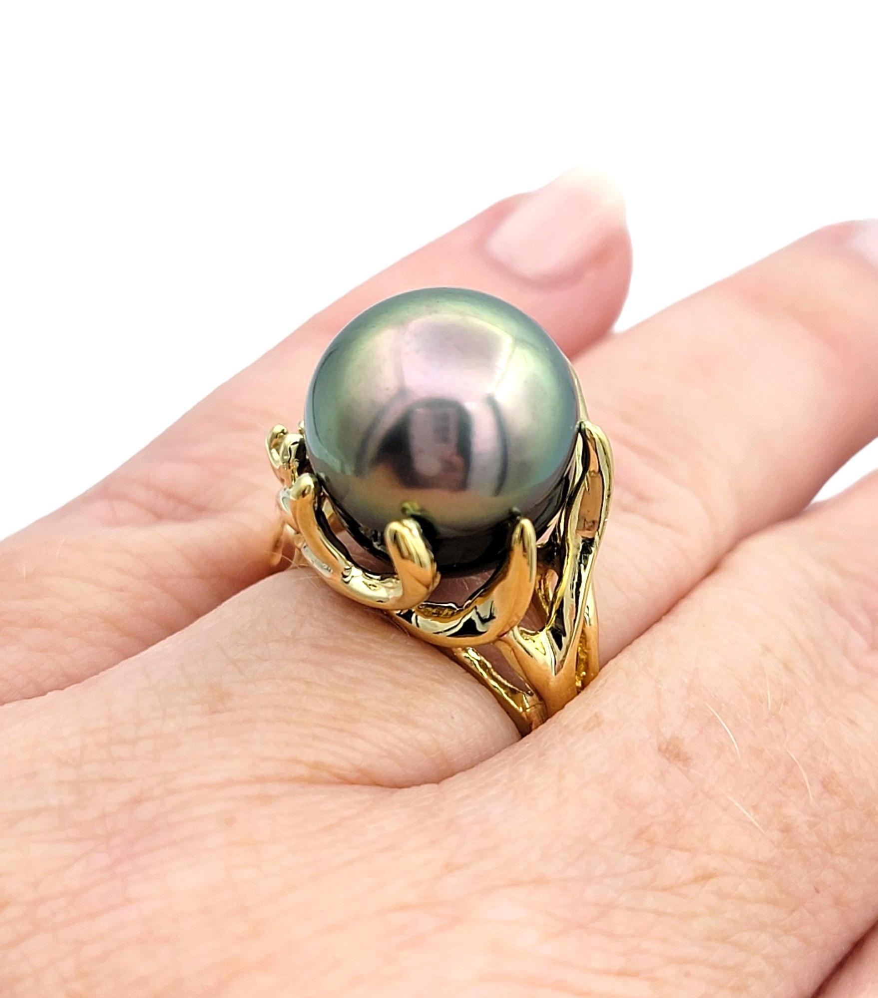 Black Tahitian South Sea Pearl High Profile 14 Karat Yellow Gold Cocktail Ring For Sale 3
