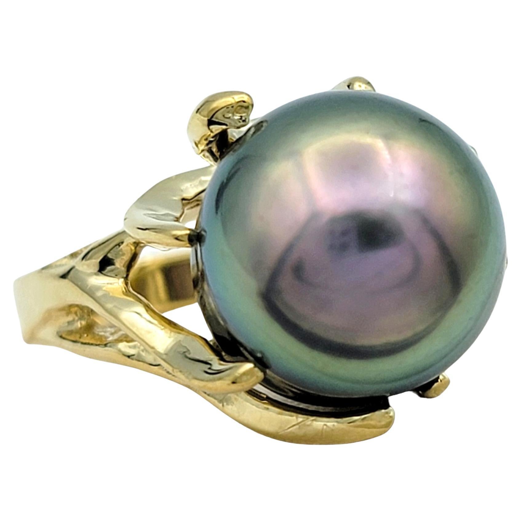 Black Tahitian South Sea Pearl High Profile 14 Karat Yellow Gold Cocktail Ring For Sale