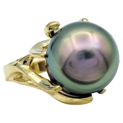 Black Tahitian South Sea Pearl High Profile 14 Karat Yellow Gold Cocktail Ring