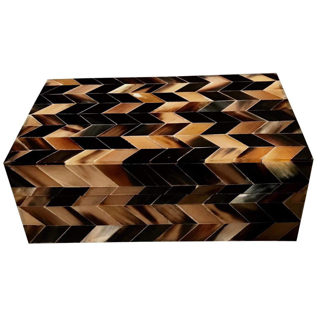 Black, Tan, Cream Inlay Decorative Lidded Box, India, Contemporary