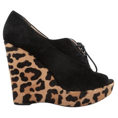 Black & Tan Prada Suede & Leopard Print Ponyhair Peep-Toe Booties Size 39.5