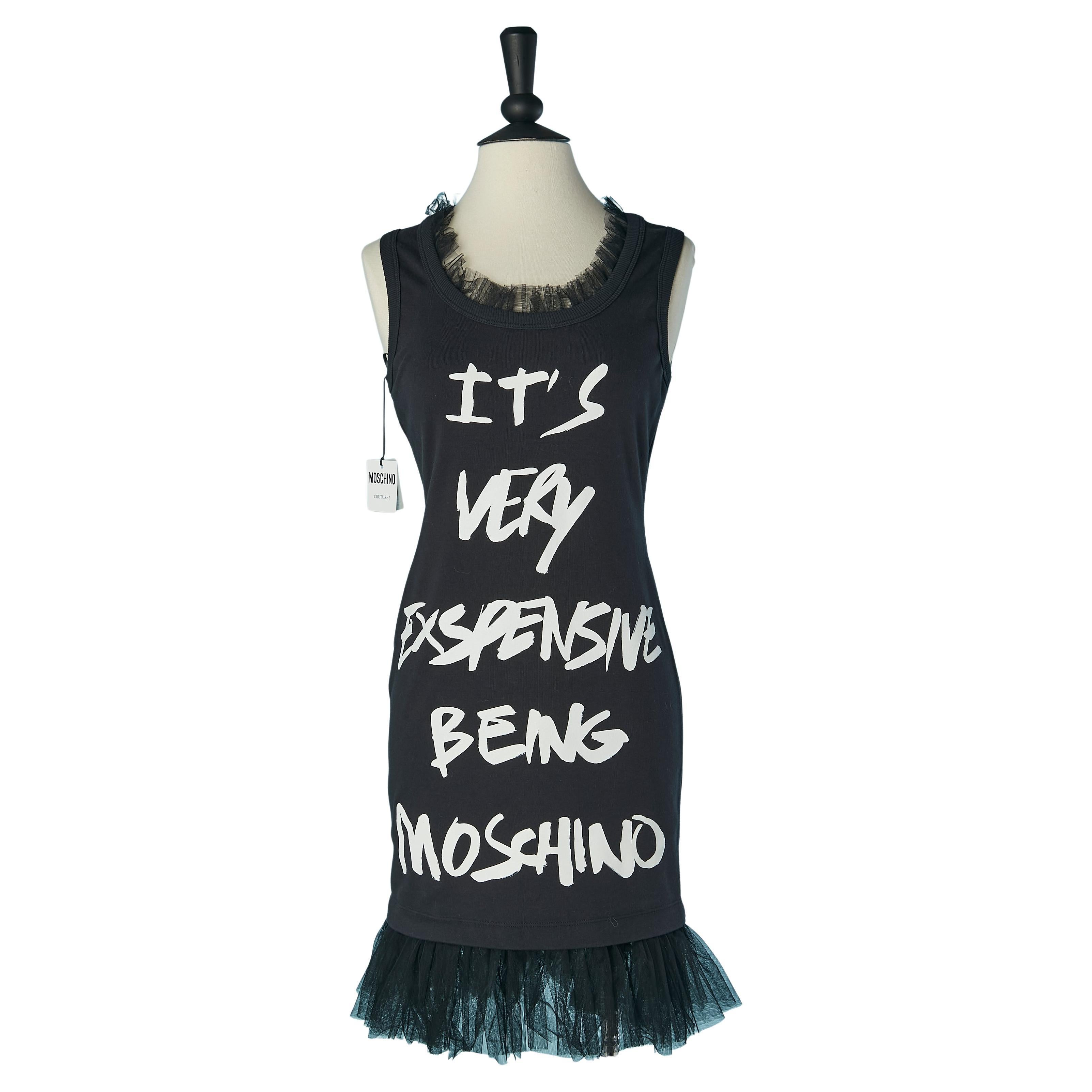 Black tank top cotton dress with writting and tulle ruffles MOSCHINO Couture NEW For Sale