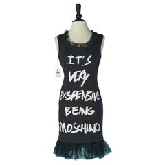 Vestido negro de algodón sin mangas con escritura y volantes de tul MOSCHINO Couture NUEVO