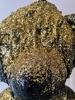 Black TAR and Gold glitter Teddy Sculpture, 21st Century by Mattia Biagi