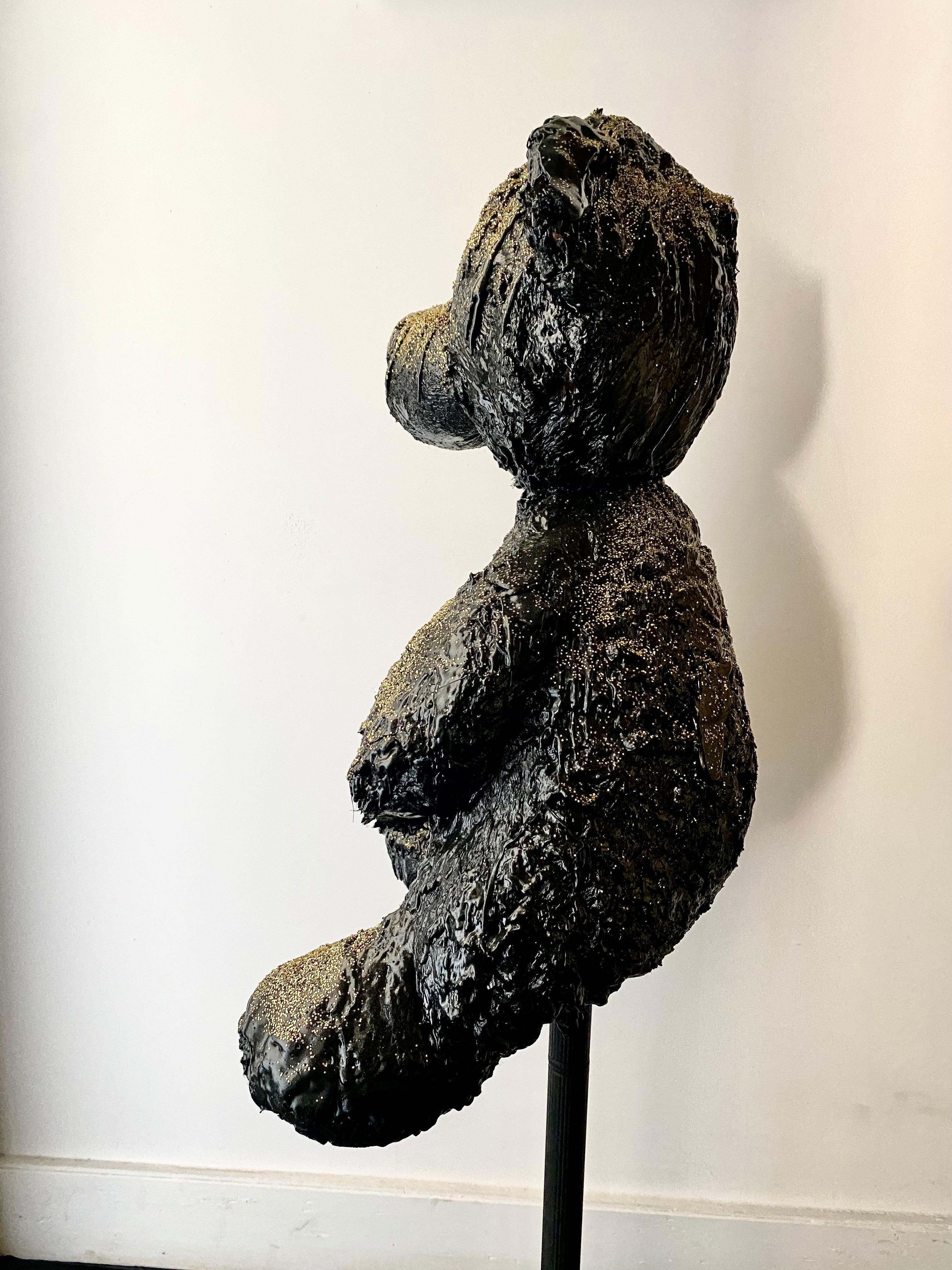 American Black TAR and Gold glitter Teddy Sculpture, 21st Century by Mattia Biagi For Sale