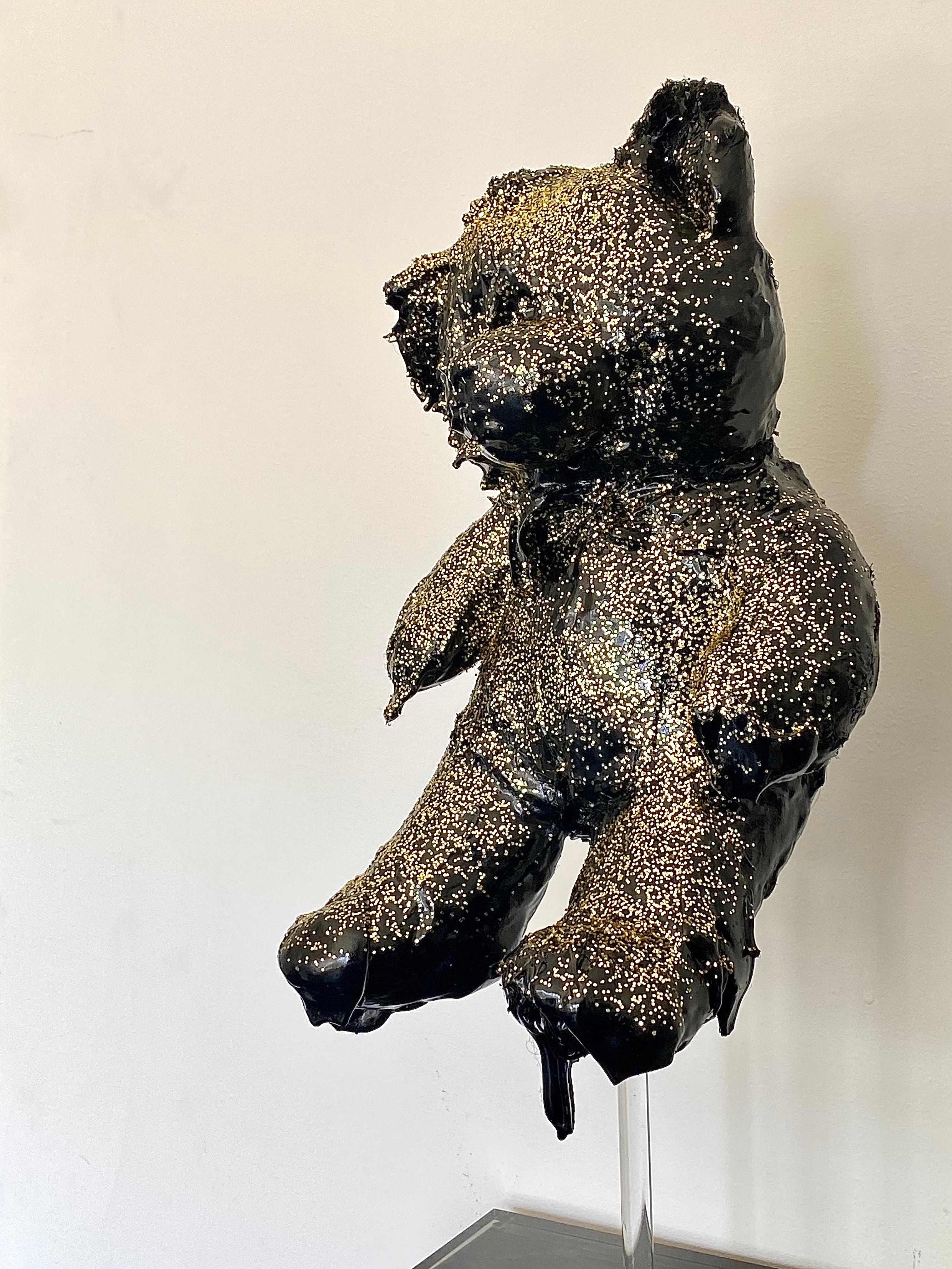 American Black Tar and Gold Glitter Teddy Sculpture, 21st Century by Mattia Biagi For Sale