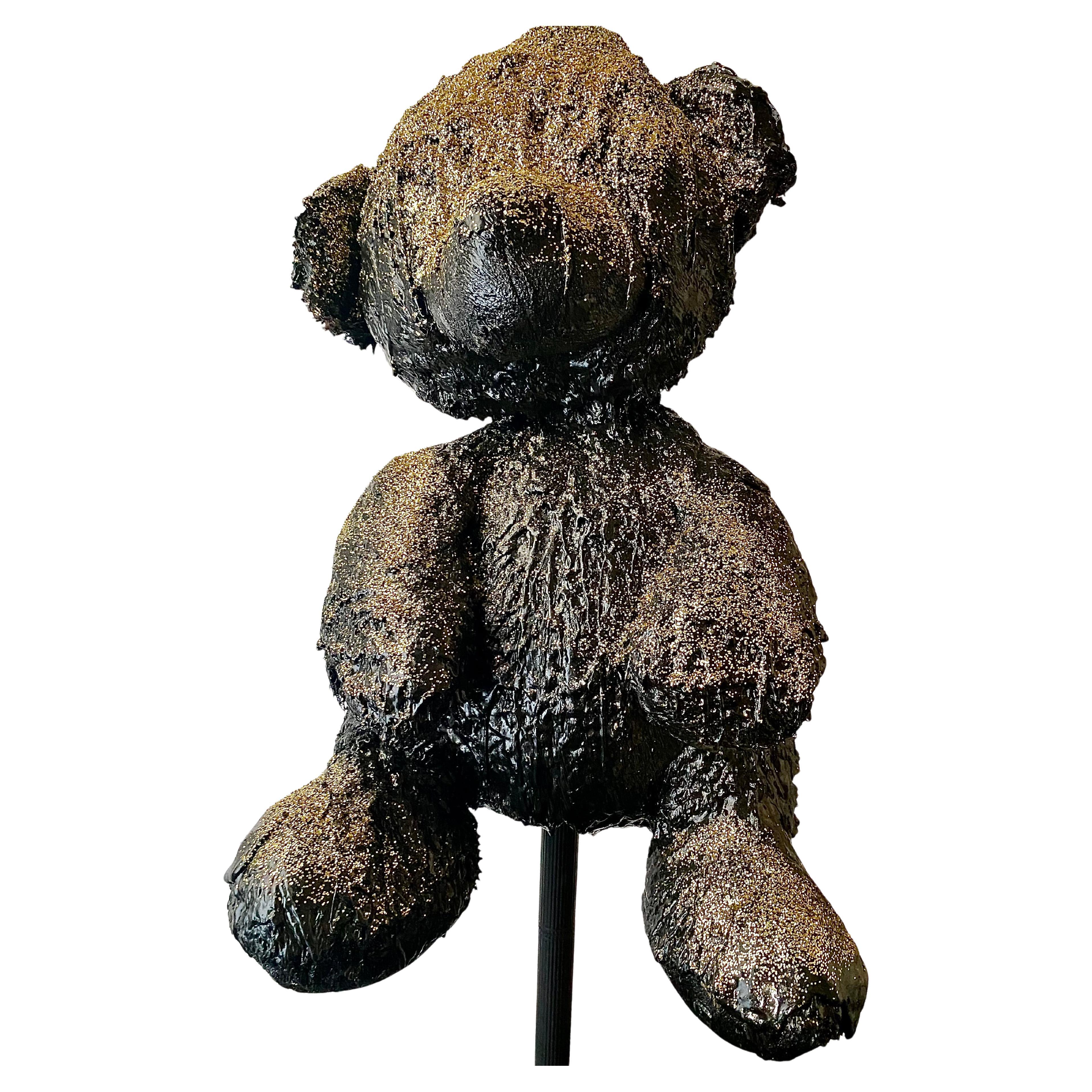 Black TAR and Gold glitter Teddy Sculpture, 21st Century by Mattia Biagi