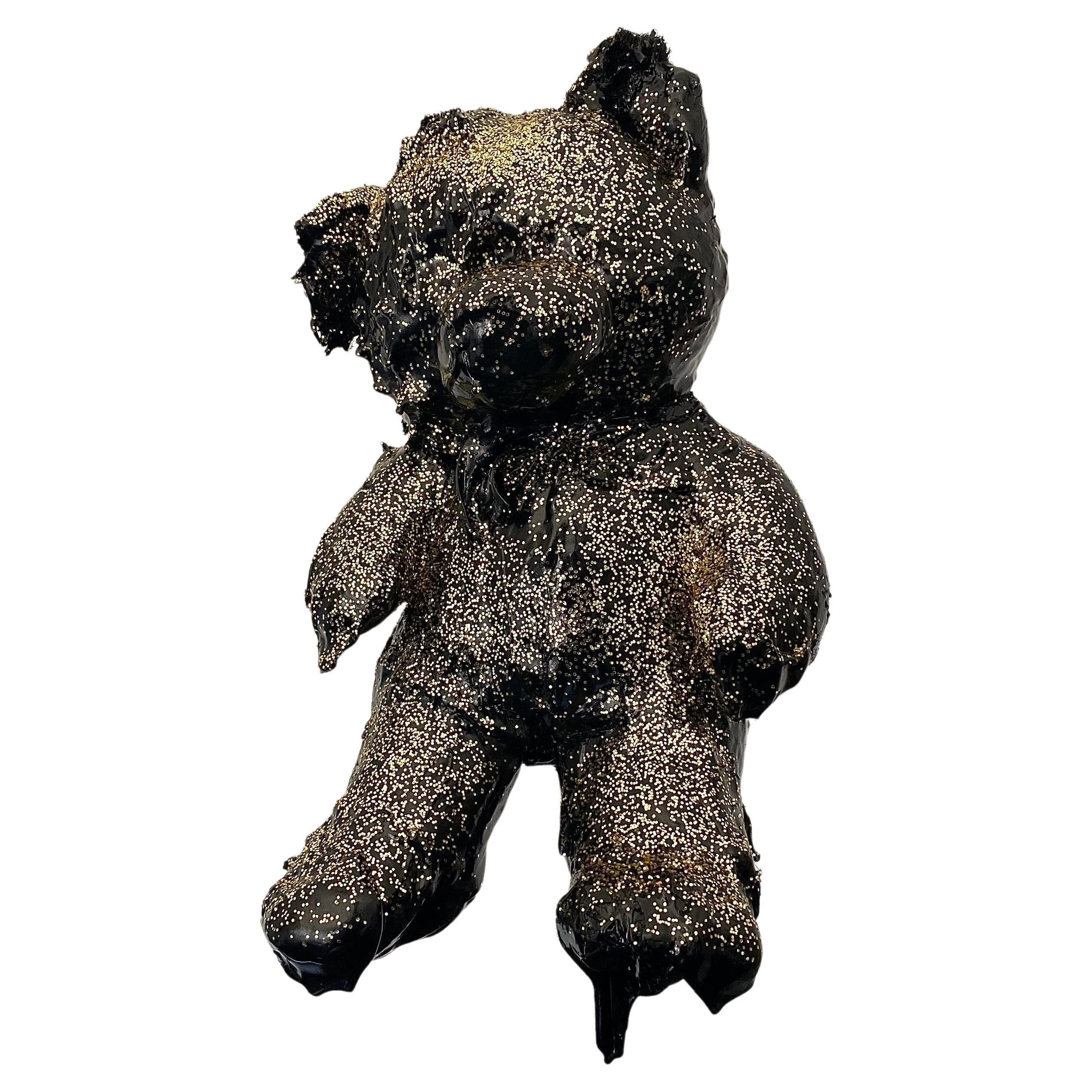 Black Tar and Gold Glitter Teddy Sculpture, 21st Century by Mattia Biagi