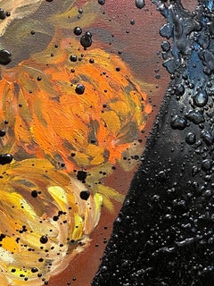 Black Tar on Vintage Flower Painting, 21st Century by Mattia Biagi
