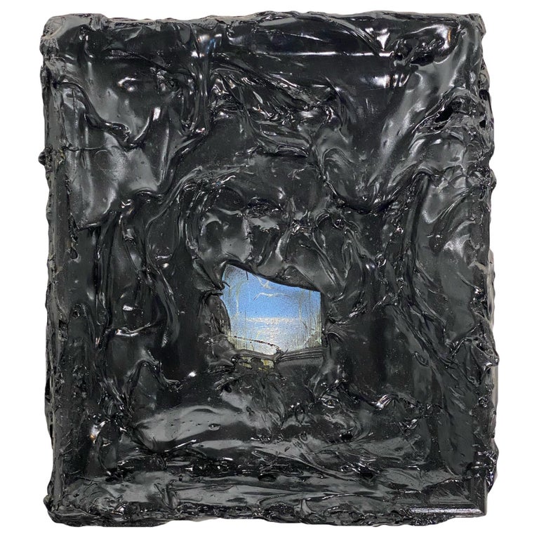 Black Tar on Vintage Painting, 21st Century by Mattia Biagi For Sale at