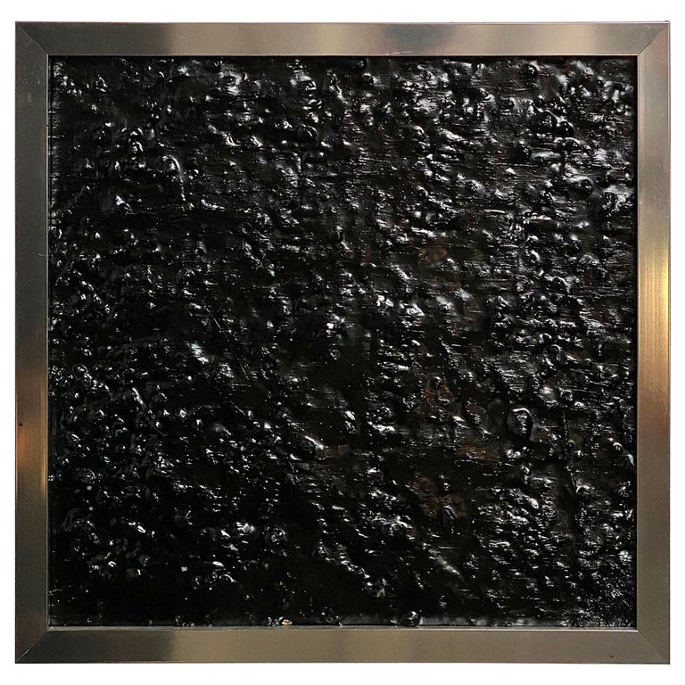 Black Tar Painting on Wood Framed in Metal, 21st Century by Mattia