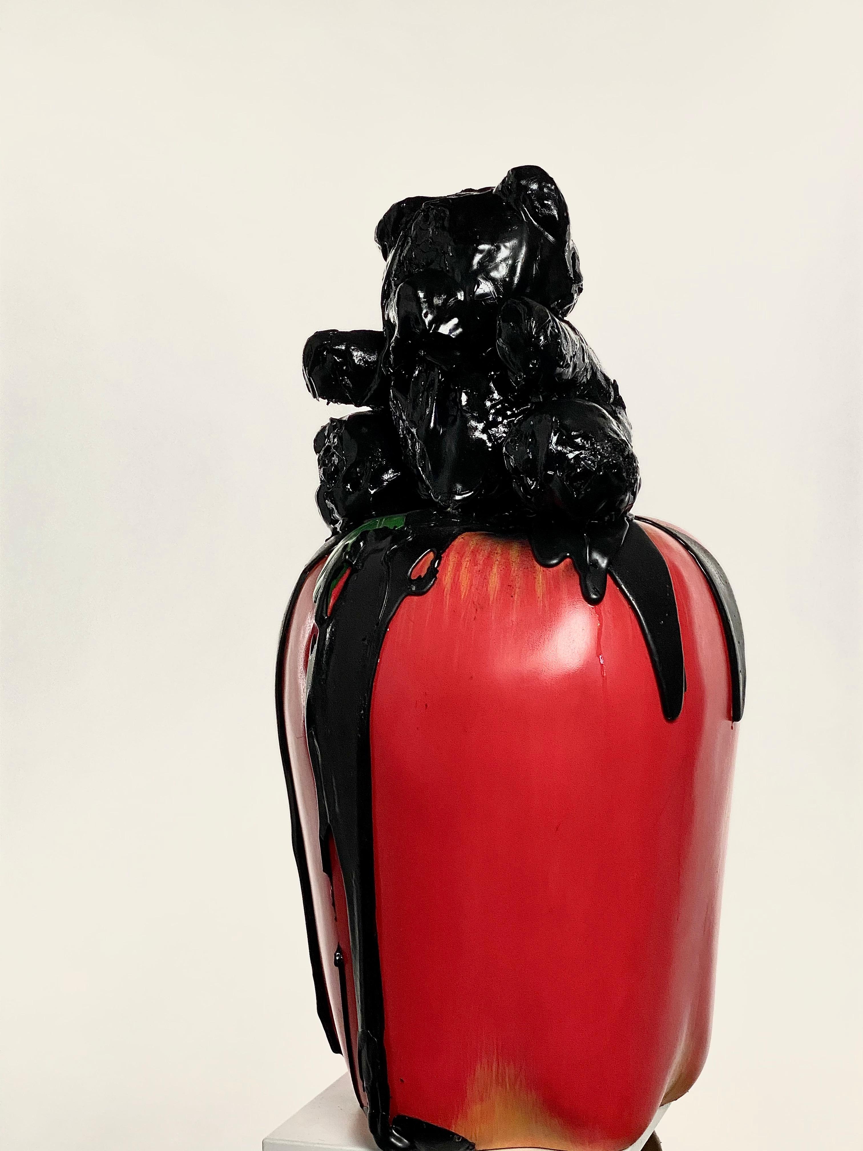 Contemporary Black TAR Teddy and Red Apple Sculpture, 21st Century by Mattia Biagi For Sale