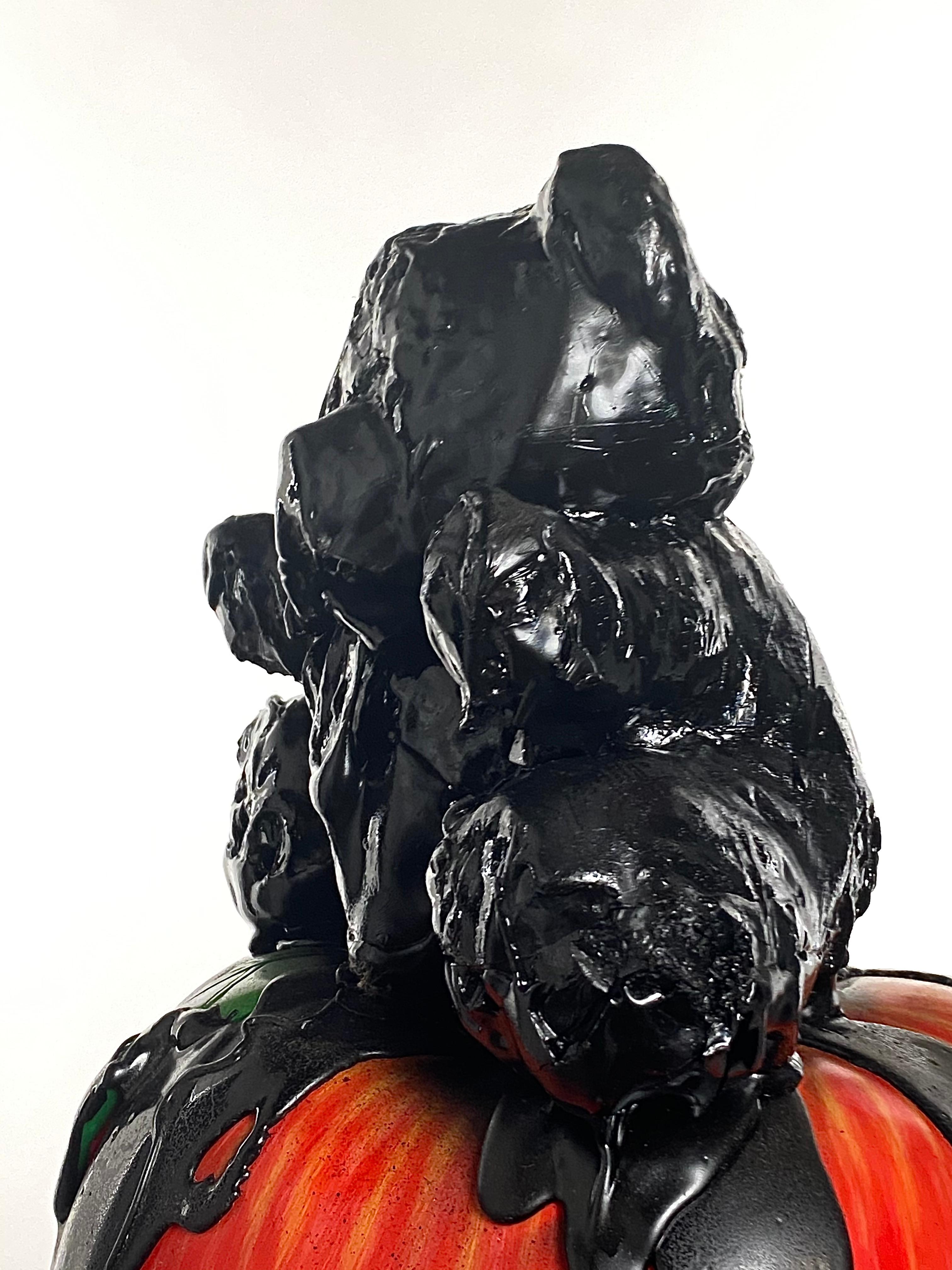 Metal Black TAR Teddy and Red Apple Sculpture, 21st Century by Mattia Biagi For Sale