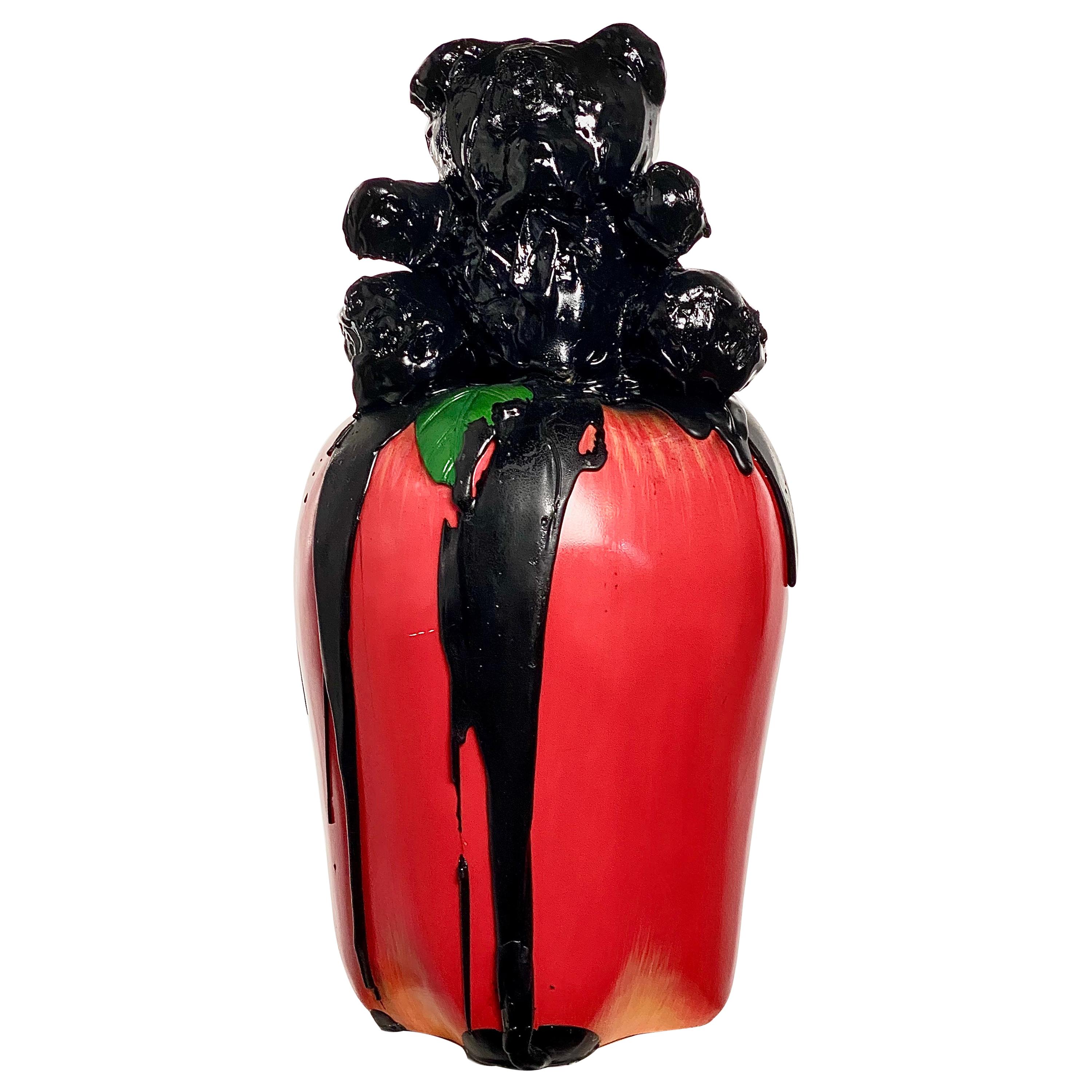 Black TAR Teddy and Red Apple Sculpture, 21st Century by Mattia Biagi